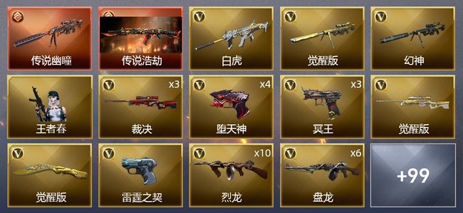 穿越火线（CF）2传说武器 5王者武器 3炫金武器 196V武器 7V角色 28皮肤 可排位 枪王