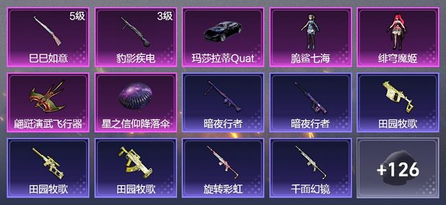 和平精英1载具 2升级枪 2粉装 1尾迹 79枪皮 60套装 25075热力 2印记