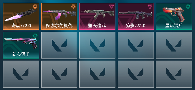 无畏契约2橙皮 2紫皮 6皮肤 7350皮肤总价值 250已用源晶 黄金