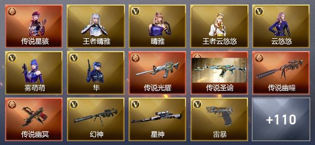 穿越火线（CF）1传说角色 4传说武器 6王者武器 2炫金武器 145V武器 6V角色 63皮肤 可排位 传奇