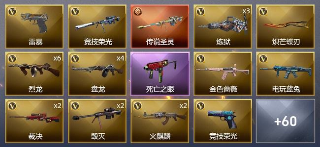 穿越火线（CF）1传说武器 3王者武器 3炫金武器 86V武器 2V角色 22皮肤 可排位 新锐
