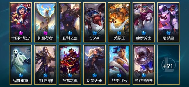 英雄联盟（LOL）2神话 1臻彩 19限定 12传说 104皮肤 10炫彩 147英雄