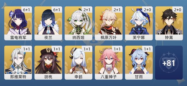 原神156黄 109角色黄 47武器黄 47五星角色 45五星武器 女主 60级