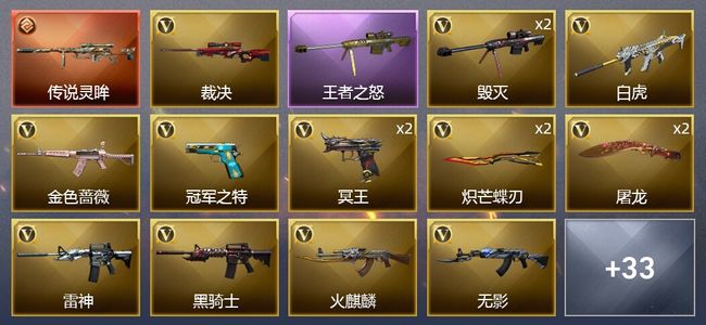 穿越火线（CF）1传说武器 2王者武器 42V武器 1V角色 15皮肤 可排位
