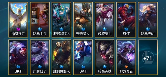 英雄联盟（LOL）1神话 4臻彩 11限定 11传说 84皮肤 38炫彩 119英雄 白银
