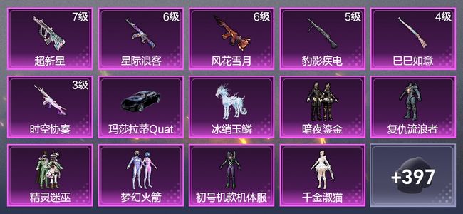 和平精英2载具 6升级枪 7粉装 1飞行器 241枪皮 176套装 76404热力 14印记 王牌