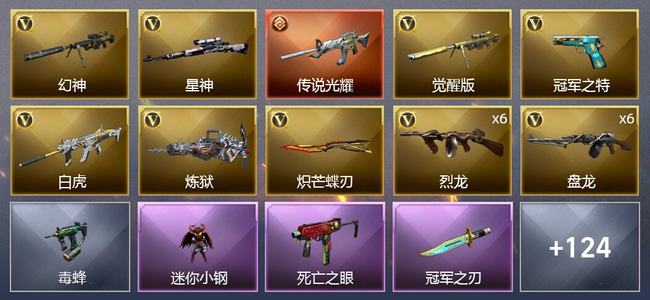 穿越火线（CF）1传说武器 13王者武器 4炫金武器 167V武器 5V角色 53皮肤 可排位