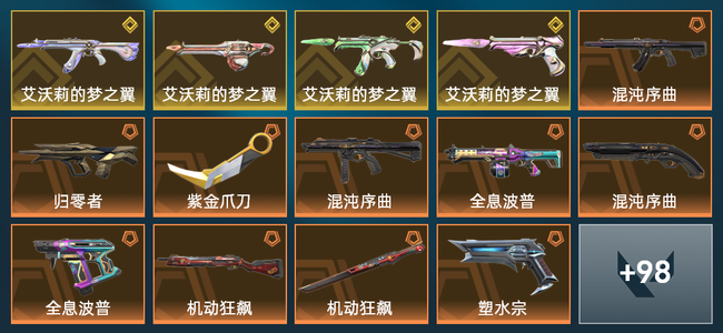 无畏契约28橙皮 4金皮 8紫皮 112皮肤 62000皮肤总价值 1330已用源晶 铂金