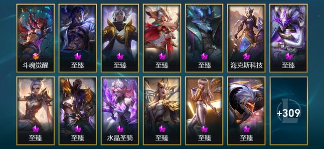 英雄联盟（LOL）1终极 5神话 20臻彩 35限定 57传说 351皮肤 186炫彩 172英雄