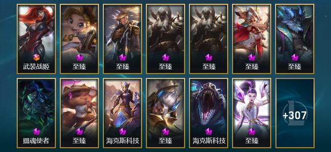 英雄联盟（LOL）1终极 4神话 9臻彩 37限定 53传说 407皮肤 244炫彩 173英雄