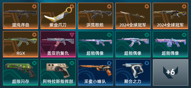 无畏契约6橙皮 1紫皮 20皮肤 14310皮肤总价值 265已用源晶 白银