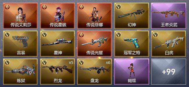 穿越火线（CF）3传说角色 3传说武器 5王者武器 3炫金武器 117V武器 8V角色 41皮肤 可排位 传奇