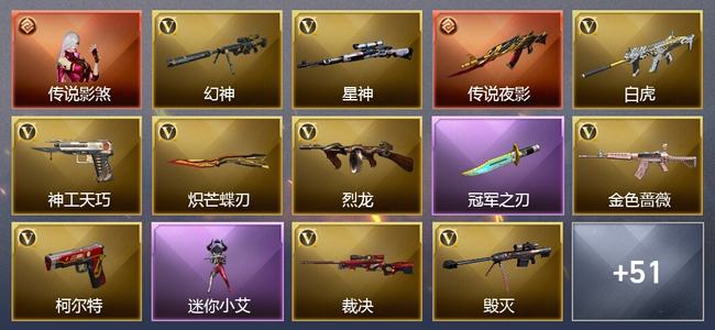 穿越火线（CF）1传说角色 2传说武器 3王者武器 1炫金武器 63V武器 28V角色 19皮肤 可排位 荣耀之巅