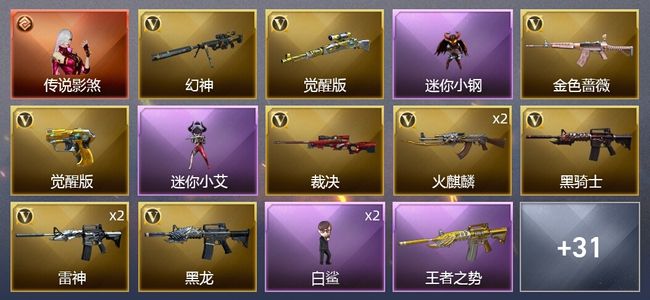 穿越火线（CF）1传说角色 3传说武器 4王者武器 43V武器 3V角色 20皮肤 可排位 新锐