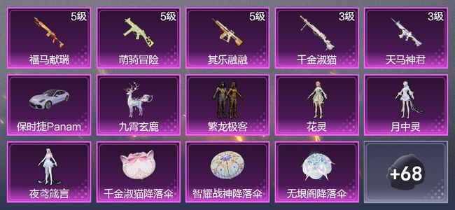 和平精英2载具 5升级枪 4粉装 3尾迹 43枪皮 30套装 16804热力 2印记 皇冠