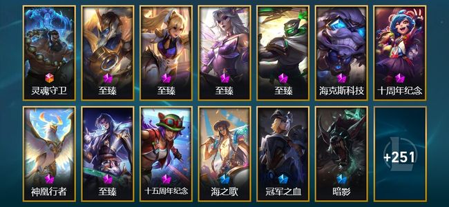 英雄联盟（LOL）1终极 9神话 11臻彩 27限定 40传说 264皮肤 119炫彩 171英雄 大师