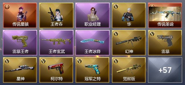 穿越火线（CF）1传说角色 1传说武器 6王者武器 1炫金武器 74V武器 2V角色 22皮肤 可排位 枪王