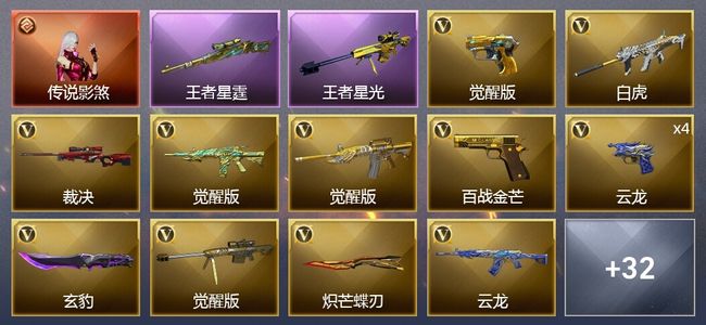 穿越火线（CF）1传说角色 4王者武器 58V武器 1V角色 27皮肤 可排位 枪王