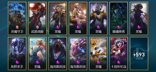 英雄联盟（LOL）2终极 19神话 14臻彩 62限定 60传说 606皮肤 308炫彩 172英雄 黄铜