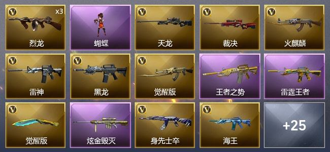 穿越火线（CF）5王者武器 1炫金武器 25V武器 2V角色 4皮肤 可排位 新锐