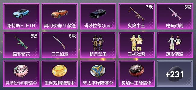 和平精英3载具 4升级枪 3粉装 1飞行器 148枪皮 92套装 49865热力 7印记 皇冠