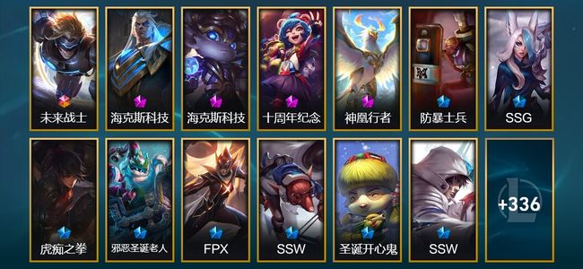 英雄联盟(LOL)1终极 4神话 1臻彩 59限定 36传说 349皮肤 18炫彩 160英雄