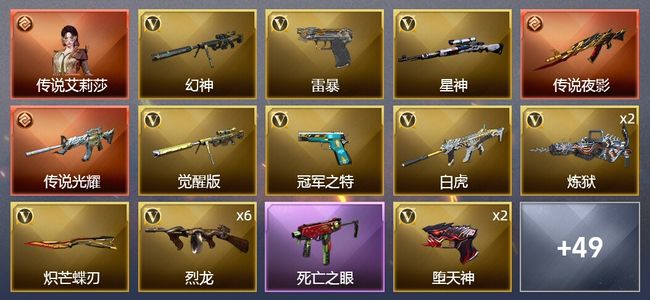 穿越火线（CF）1传说角色 2传说武器 3王者武器 1炫金武器 82V武器 4V角色 20皮肤 不可排位 新锐