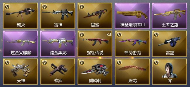 穿越火线（CF）1王者武器 2炫金武器 12V武器 1V角色 2皮肤 不可排位 新锐