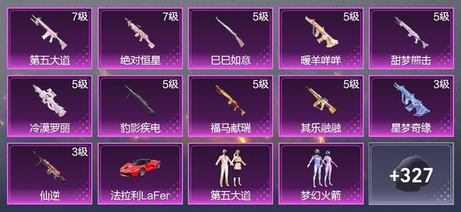 和平精英【苹果版】1载具 11升级枪 13粉装 5尾迹 127套装 6,4972热力 2印记 黄金