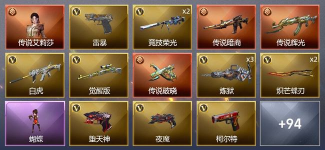 穿越火线（CF）1传说角色 3传说武器 4王者武器 5炫金武器 166V武器 6V角色 24皮肤 可排位 枪王