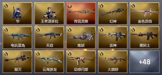 穿越火线（CF）1传说武器 3王者武器 1炫金武器 54V武器 2V角色 35皮肤 可排位 枪王