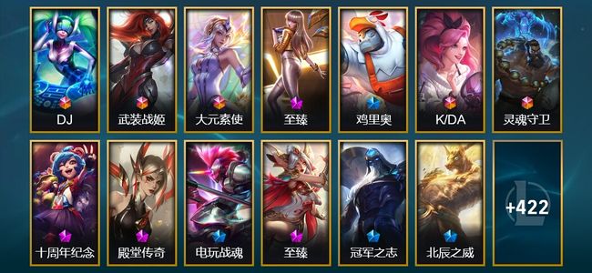 英雄联盟（LOL）7终极 31神话 13臻彩 83限定 64传说 435皮肤 211炫彩 172英雄 黄铜