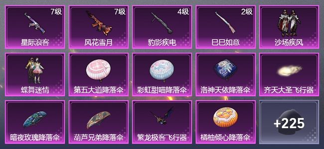 和平精英4升级枪 2粉装 2飞行器 147枪皮 99套装 44584热力 11印记