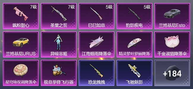 和平精英2载具 4升级枪 1粉装 1尾迹 124枪皮 84套装 38420热力 9印记 皇冠