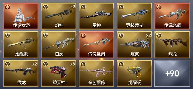 穿越火线（CF）1传说角色 2传说武器 1王者武器 3炫金武器 90V武器 9V角色 48皮肤 可排位