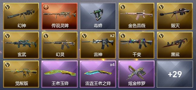 穿越火线（CF）1传说武器 4王者武器 1炫金武器 38V武器 13皮肤 可排位 传奇