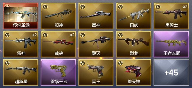 穿越火线（CF）1传说武器 6王者武器 4炫金武器 66V武器 7皮肤 可排位