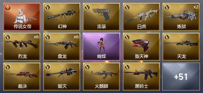 穿越火线（CF）1传说角色 1王者武器 1炫金武器 117V武器 5V角色 21皮肤 可排位 枪王