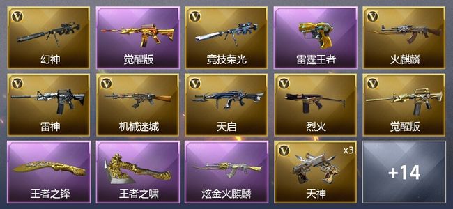 穿越火线（CF）6王者武器 1炫金武器 21V武器 5皮肤 可排位 新锐