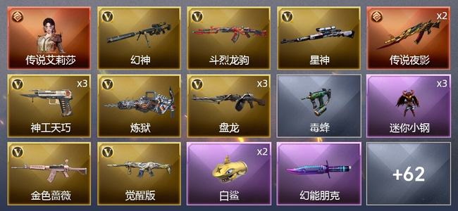 穿越火线（CF）1传说角色 1传说武器 1王者武器 1炫金武器 73V武器 3V角色 28皮肤 不可排位 专家