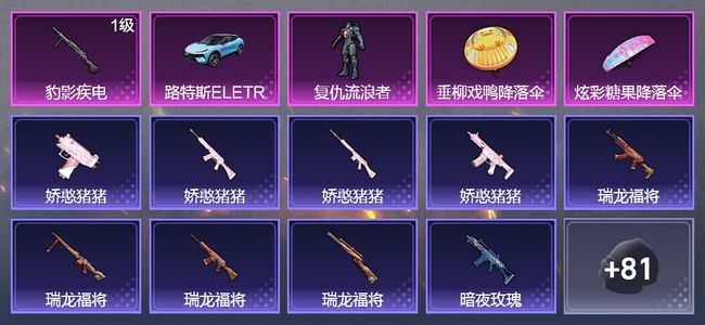 和平精英1载具 1升级枪 1粉装 40枪皮 52套装 15726热力 1印记 黄金