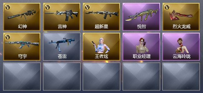 穿越火线（CF）0传说角色 0传说武器 1王者武器 0炫金武器 7V武器 6V角色 2皮肤 可排位 新锐