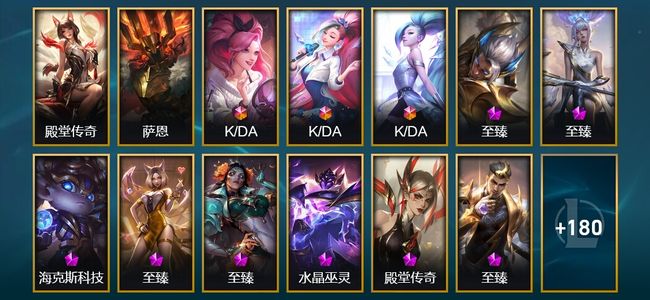 英雄联盟（LOL）1卓越 1圣堂 3终极 12神话 15臻彩 35限定 16传说 193皮肤 47炫彩 172英雄