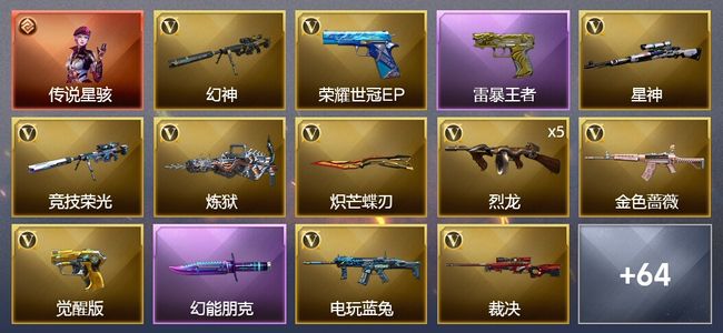 穿越火线（CF）1传说角色 2传说武器 4王者武器 73V武器 5V角色 25皮肤 可排位