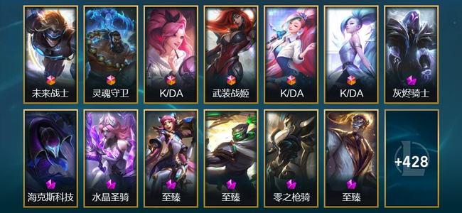 英雄联盟（LOL）6终极 10神话 13臻彩 67限定 51传说 441皮肤 288炫彩 173英雄 钻石