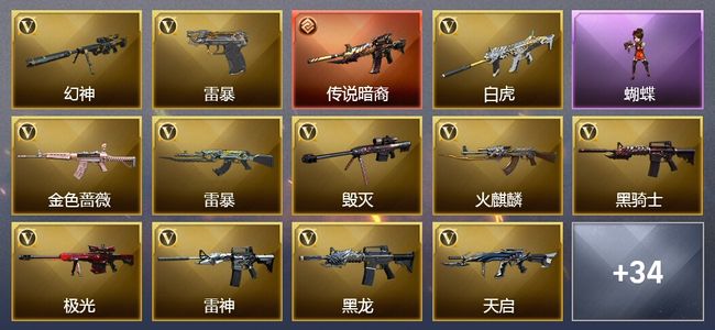 穿越火线（CF）1传说武器 2王者武器 1炫金武器 50V武器 1V角色 14皮肤 可排位 传奇