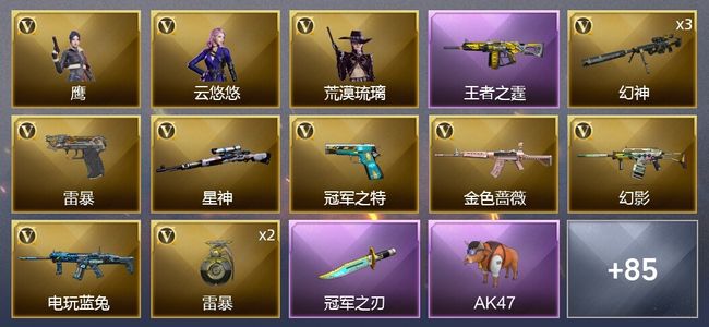 穿越火线（CF）1王者武器 1炫金武器 93V武器 6V角色 26皮肤 可排位 传奇