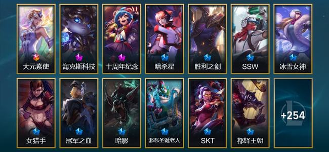 英雄联盟（LOL）1终极 2神话 64限定 19传说 267皮肤 43炫彩 166英雄 大师