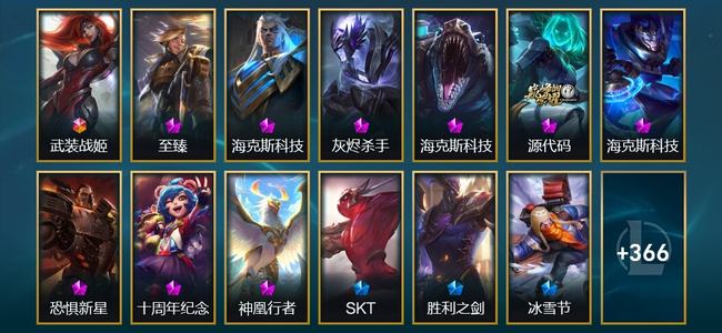 英雄联盟（LOL）1终极 9神话 55限定 37传说 379皮肤 73炫彩 173英雄