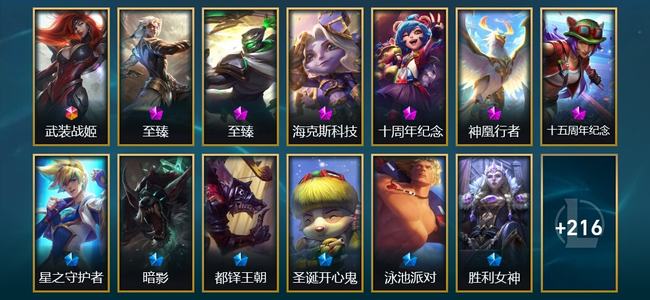 英雄联盟（LOL）1终极 6神话 27限定 36传说 229皮肤 103炫彩 173英雄